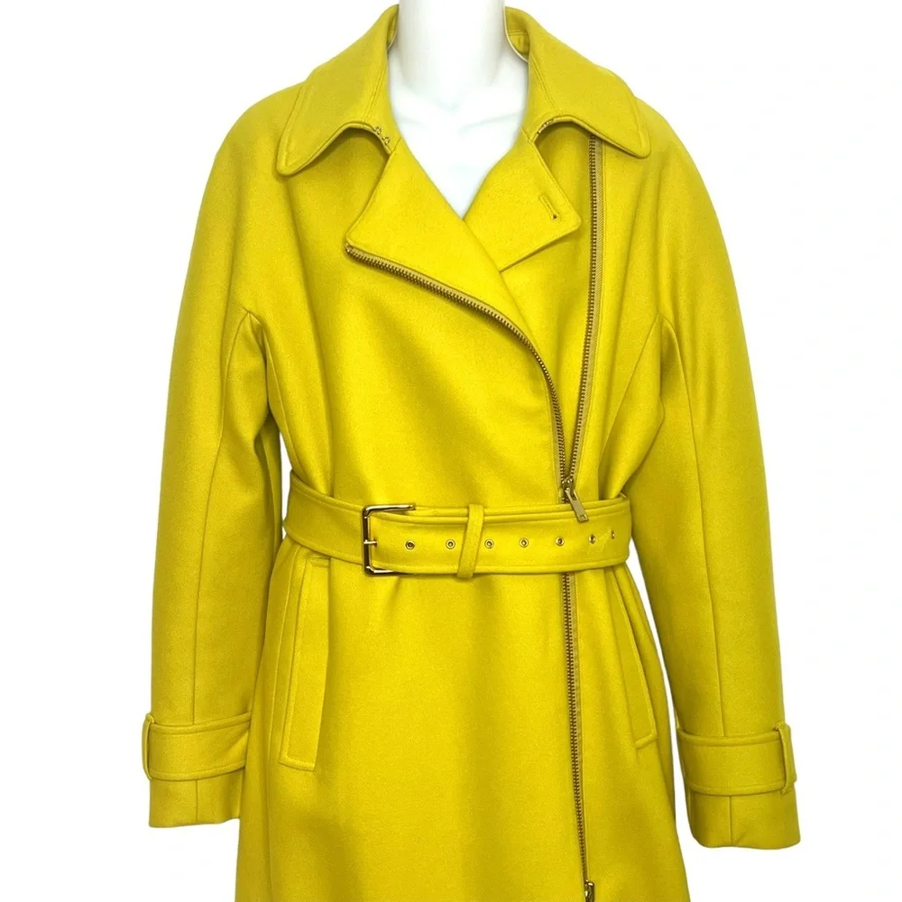 J.CREW GOLD MELTON WOOL ASYMMETRICAL ZIP FRONT BELTED TRENCH COAT SIZE 8 - Picture 2 of 13